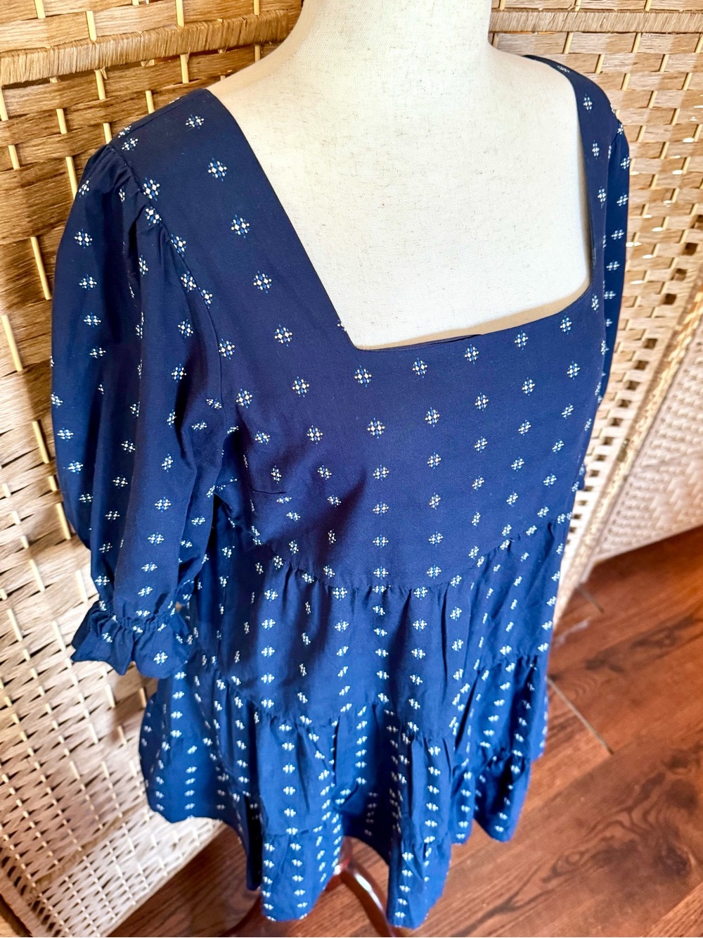 Madewell Navy Blue Polka Dot Tiered Square-Neck Dress - Picture 4 of 14